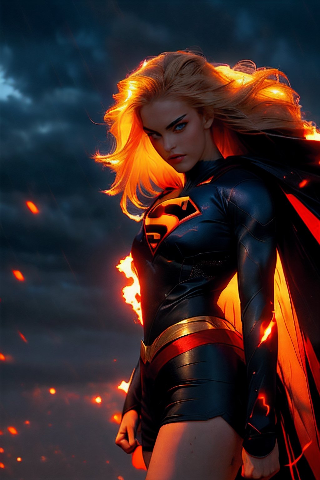 masterpiece,  best quality,  ultra high res,  beautiful,  visually stunning,  elegant,  incredible details,  award-winning painting,  (dark art:1.1),  deep shadow,  (dark theme:1.2), comic book style,  supergirl , solo. 1girl,  dark scene,  cowboy shot of supergirl , athletic, glowing white eyes, eyes on fire, detailed eyes, focus on eyes, no pupils, showing face, long delicate blonde hair, no mask, night city,  mist,  particles,  female focus,  visible mouth, slim supermodel female figure,  red cape,  night,  outdoors,  rain,  serious,  dark armosphere,  detailed background,  cinematic ready for battle pose,  darker belt,  lurking on top of a big statue,,  no logo on belt buckle,  no nipples,  superhero, (white) crop top with supergirl logo on chest,  red mini skirt, showing navel, battle stance,  Epicrealism, r1ge,  dark art,  deep shadow,  angry,  glowing,  aura,  flying debris,  flying fragments.,Galatea ,Supergirl,long hair,Galatea,ellafreya