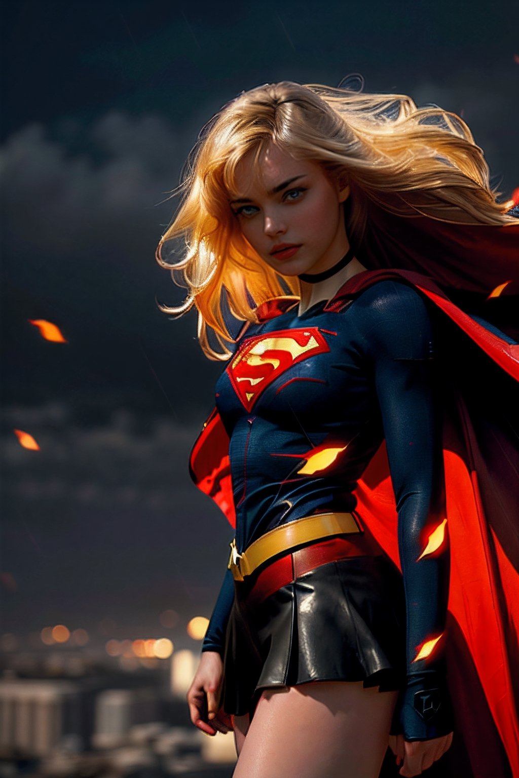 masterpiece,  best quality,  ultra high res,  beautiful,  visually stunning,  elegant,  incredible details,  award-winning painting,  (dark art:1.1),  deep shadow,  (dark theme:1.2), comic book style,  supergirl , solo. 1girl,  dark scene,  cowboy shot of supergirl , athletic, glowing white eyes, eyes on fire, detailed eyes, focus on eyes, no pupils, showing face, long delicate blonde hair, no mask, night city,  mist,  particles,  female focus,  visible mouth, slim supermodel female figure,  red cape,  night,  outdoors,  rain,  serious,  dark armosphere,  detailed background,  cinematic ready for battle pose,  darker belt,  lurking on top of a big statue,,  no logo on belt buckle,  no nipples,  superhero, (white) crop top with supergirl logo on chest,  red mini skirt, showing navel, battle stance,  Epicrealism, r1ge,  dark art,  deep shadow,  angry,  glowing,  aura,  flying debris,  flying fragments.,Galatea ,Supergirl,long hair,Galatea,ellafreya