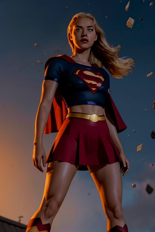 masterpiece,  best quality,  ultra high res,  beautiful,  visually stunning,  elegant,  incredible details,  award-winning painting,  (dark art:1.1),  deep shadow,  (dark theme:1.2), comic book style,  supergirl , solo. 1girl,  dark scene,  cowboy shot of supergirl ,  athletic, glowing white eyes, eyes on fire, detailed eyes, focus on eyes, no pupils, showing face, long delicate blonde hair, no mask, night city,  mist,  particles,  female focus,  visible mouth, slim supermodel female figure,  red cape,  night,  outdoors,  rain,  serious,  dark armosphere,  detailed background,  cinematic ready for battle pose,  darker belt,  lurking on top of a big statue,,  no logo on belt buckle,  no nipples,  superhero, flyinghairband, \(white\) crop top, white crop top with supergirl logo on chest,  short sleeves, red mini skirt, battle stance,  Epicrealism, r1ge,  dark art,  deep shadow,  angry,  glowing,  aura,  flying debris,  flying fragments., teen Jennifer Lawrence as Galatea ,Supergirl