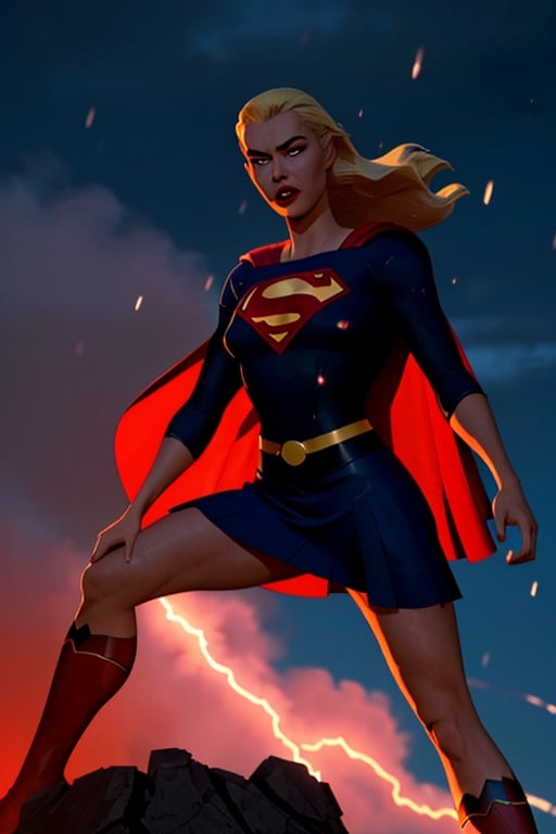 masterpiece,  best quality,  ultra high res,  beautiful,  visually stunning,  elegant,  incredible details,  award-winning painting,  (dark art:1.1),  deep shadow,  (dark theme:1.2), comic book style,  supergirl , solo. 1girl,  dark scene,  cowboy shot of supergirl ,  athletic, glowing white eyes, eyes on fire, detailed eyes, focus on eyes, no pupils, showing face, long delicate blonde hair, no mask, night city,  mist,  particles,  female focus,  visible mouth, slim supermodel female figure,  red cape,  night,  outdoors,  rain,  serious,  dark armosphere,  detailed background,  cinematic ready for battle pose,  darker belt,  lurking on top of a big statue,,  no logo on belt buckle,  no nipples,  superhero, white croptop with supergirl logo on chest,  red mini skirt, battle stance,  Epicrealism, r1ge,  dark art,  deep shadow,  angry,  glowing,  aura,  flying debris,  flying fragments.,Galatea ,Supergirl