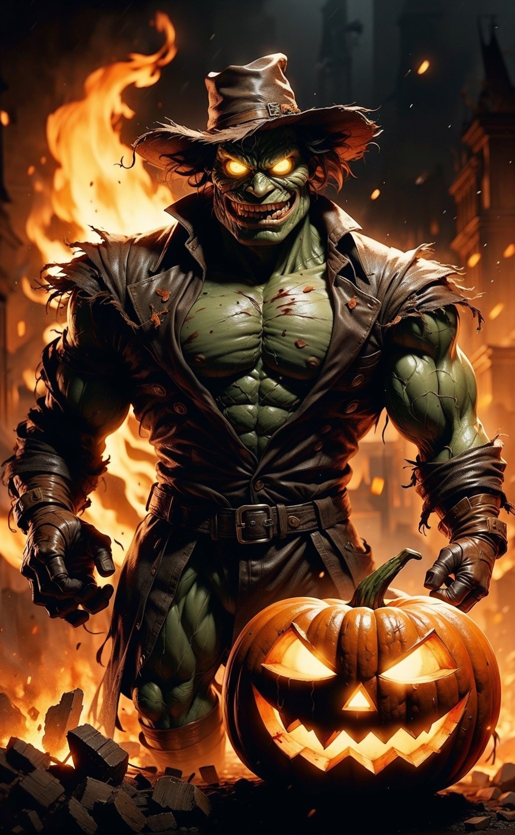 hat, 1boy, male focus, glowing eyes, mask, fire, hulk trench coat, hulk coat, glow, ripped hulk suit, gloves, hunter\(bloodborne\), yellow eyes, jack-o'-lantern