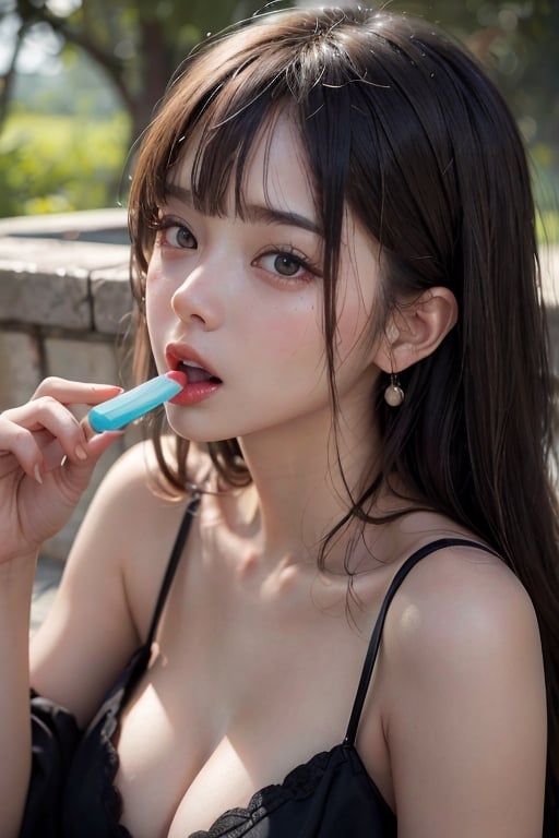 (8k, RAW photo, photorealistic:1.3), (large breasts), (highly detailed skin:1.2) bangs, blunt bangs, ulzzang, Blonde,(suggestive:1.3),(corruption),1girl,(japanese clothes),holding ((popsicle)) melting,dripping ,blush,upper body,(ahegao:1.1),(naughty face),collarbone,trembling,sweat,sweatdrop,heart,skindentation, (crazy:1.3),(speed lines),sun, outdoors, stick out tongue , :p ,tongue