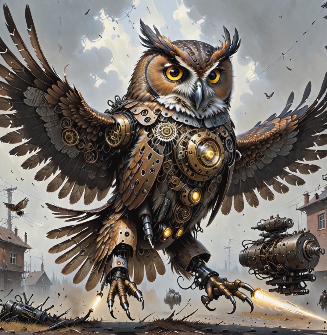 A large cyborg owl swoops towards the ground with wings spread wide. The eyes should be like hypnotic lights, a very detailed, standout feature. It's featheres are a mix of organic and metal parts. Its talons are made of various metals. 

Hi_res, super detailed, masterpiece,
painting by jakub rozalski,cyborg style,detailmaster2,painting by jakub rozalski,steampunk style