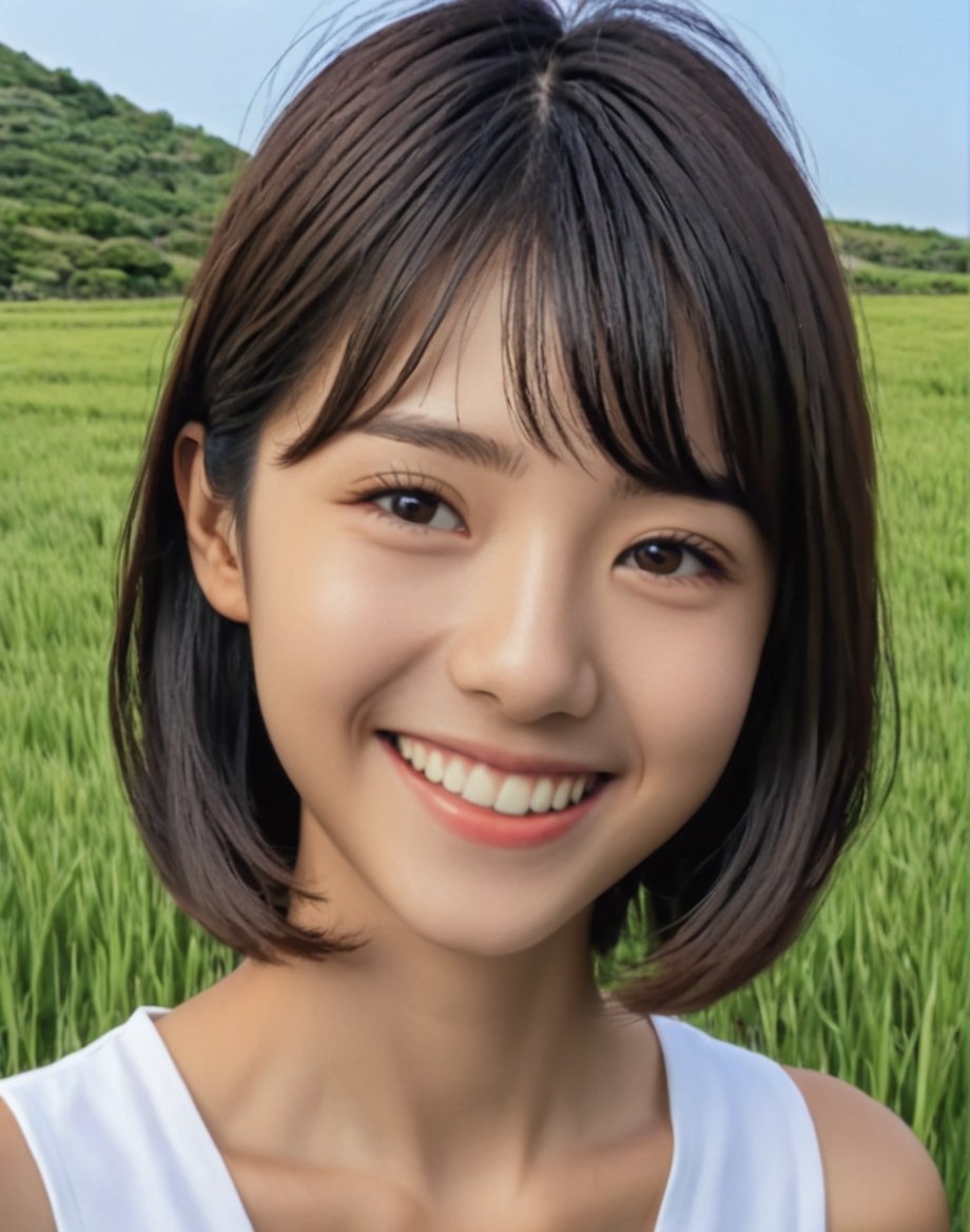 best quality, 8k, 8k UHD, ultra realistic, ultra detailed, hyperdetailed photography, real photo, realistic eyes, solo female, beautiful, japanese, detailed hair, photo r3al, outdoors, detailed face, 25 years old, smile, natural beauty, upper body, closeup, narrow body, narrow shoulders, 