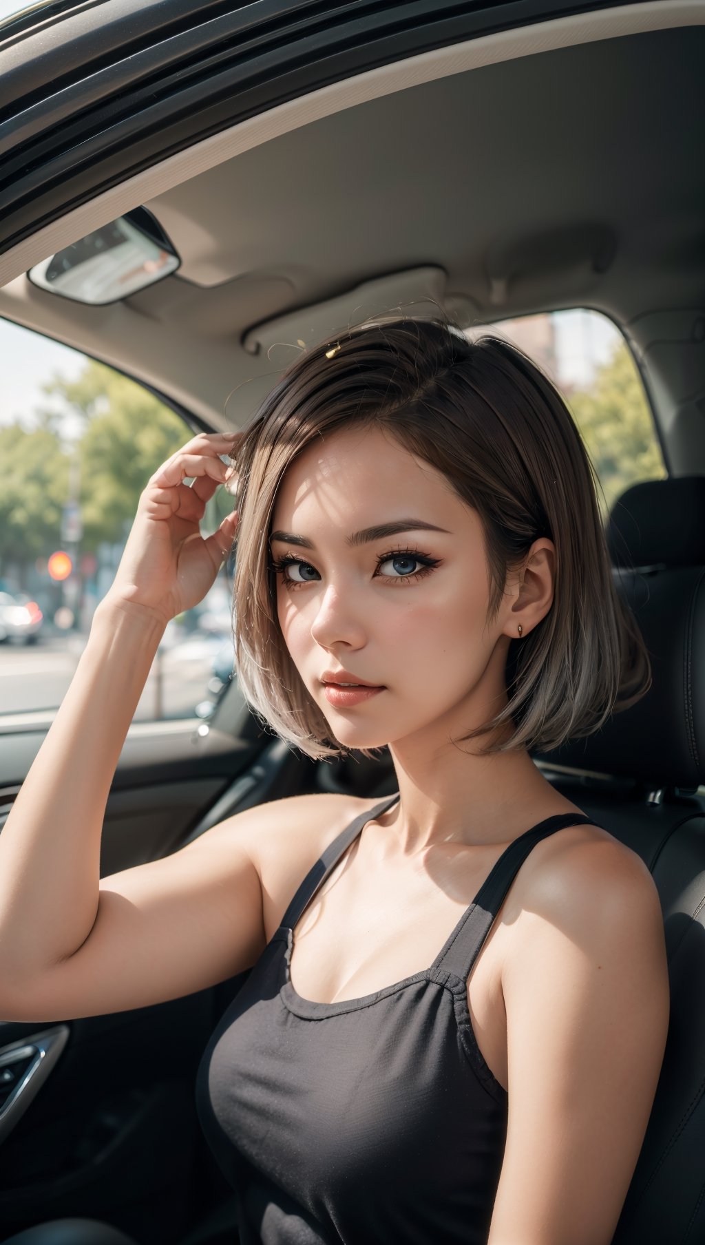 a woman leaning in her car on the street, in the style of luminous portraits, charming anime characters, photo-realistic techniques, chinapunk, 32k uhd, light silver and dark brown,