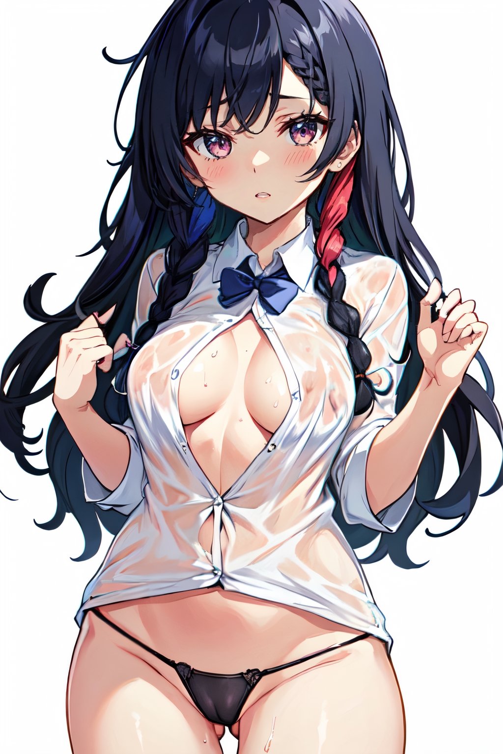 bra, cameltoe, high_resolution, 8k, transparent_clothing, thong_panties, nip_slip, bend_over, half_naked, braid, naked_shirt, multiple_girls, multicolor_hair, average_breasts, wet, oh_face