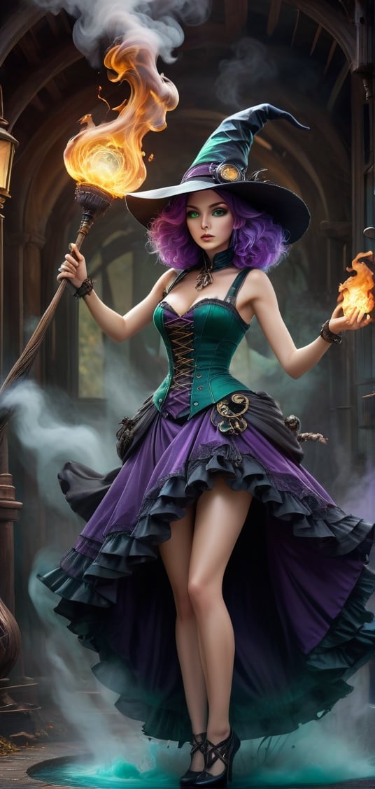 Halloweencore, intricate and colorful image of a beautiful witch with sapphire flowy hair resembling steam in water wearing a purple witch dress and witch hat made completely of black smoke, holding a witch's broom, haunted house background, professional cinematic results, sense of awe and beauty, hyperdetailed face, 8k UHD, sharp focus on eyes , alberto seveso style, Digital painting ,  colorful rendition ,steampunk style, emerald green eyes, shap focus on eyes ,Monster,arcane, prismatic glow elements ,ColorART,  art by sargent,arcane style, JinxLol,perfecteyes,High detailed,  sleeveless ,detailmaster2,colorful,cyborg style, wide_hips,  full moon,  beautiful legs ,android,fire element,A girl dancing ,composed of fire elements, bats flying about