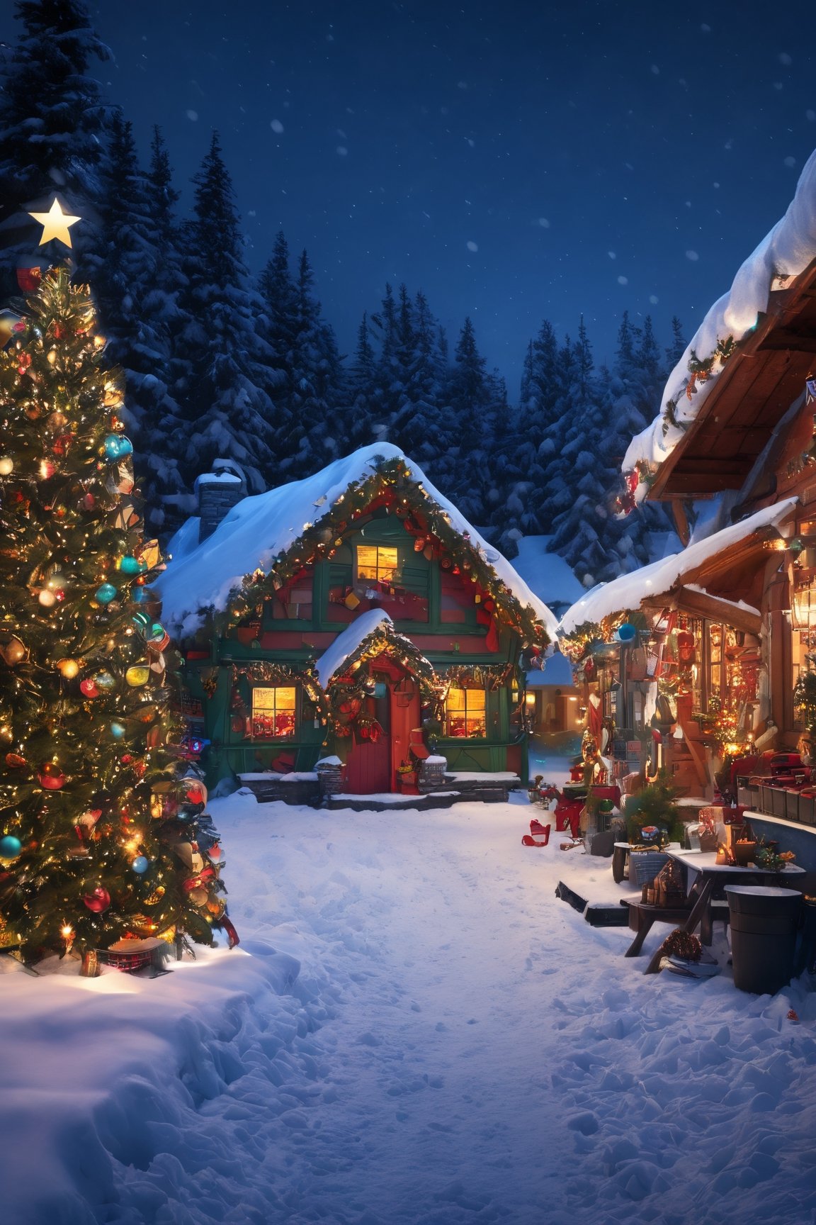 (Good quality:2), (Photoreal Cinematic Colors :2), Hyper Detailed, 4k, realistic,christmas, santa's workshop Decorated, night, outside, snow