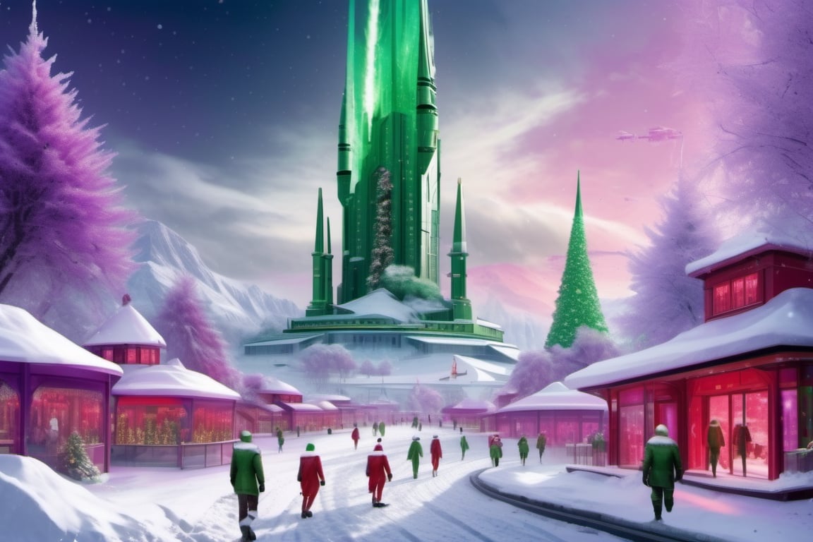 holiday wind,science fiction,snow,red and green,christmas,green castle with christmas decorations,elves, purple xmas trees, twinkling lights on building