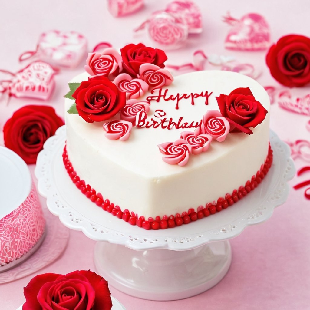 fancy white cake, heart shaped dessert, red gel happy birthday, pink candy roses, mini rose decorations, a piece and whole