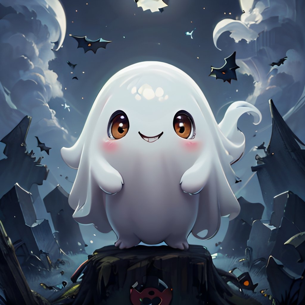 ((masterpiece,best quality)), absurdres,, Cute_Ghost, no humans, solo, ghost, floating, halloween, pokemon (creature), cute, solo, smiling, looking at viewer,emerald theme, graveyard in background, 