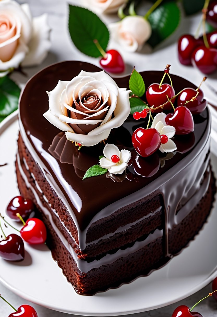 heart shaped, glossy chocolate cake, white frosting roses, cherries around the cake, By H, For Maehara, Highly detailed, Chocolate Cake,  35mm macro photograph, professional, 4k, highly detailed,photo r3al,detailmaster2