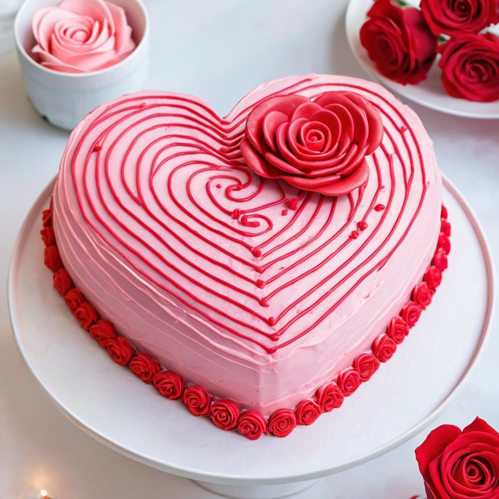 fancy pink cake, heart shaped dessert, red frosting lines, pink cancy roses, heart decoration, a piece and whole