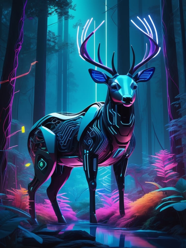 Generate a tensor art piece that combines elements of nature and technology. Show a serene forest scene with futuristic, neon-colored animals seamlessly integrated into the environment. The art should evoke a sense of harmony between the organic and the artificial. Use a color palette dominated by deep blues and vibrant neon shades.