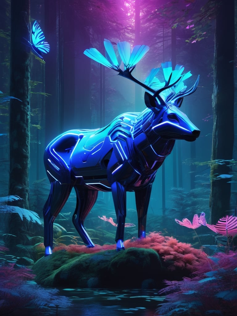 Generate a tensor art piece that combines elements of nature and technology. Show a serene forest scene with futuristic, neon-colored animals seamlessly integrated into the environment. The art should evoke a sense of harmony between the organic and the artificial. Use a color palette dominated by deep blues and vibrant neon shades. 8k, UHD, realistic 