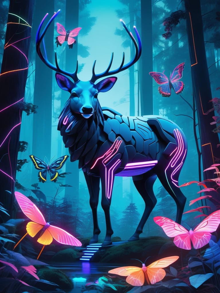 Generate a tensor art piece that combines elements of nature and technology. Show a serene forest scene with futuristic, neon-colored animals seamlessly integrated into the environment. The art should evoke a sense of harmony between the organic and the artificial. Use a color palette dominated by deep blues and vibrant neon shades.