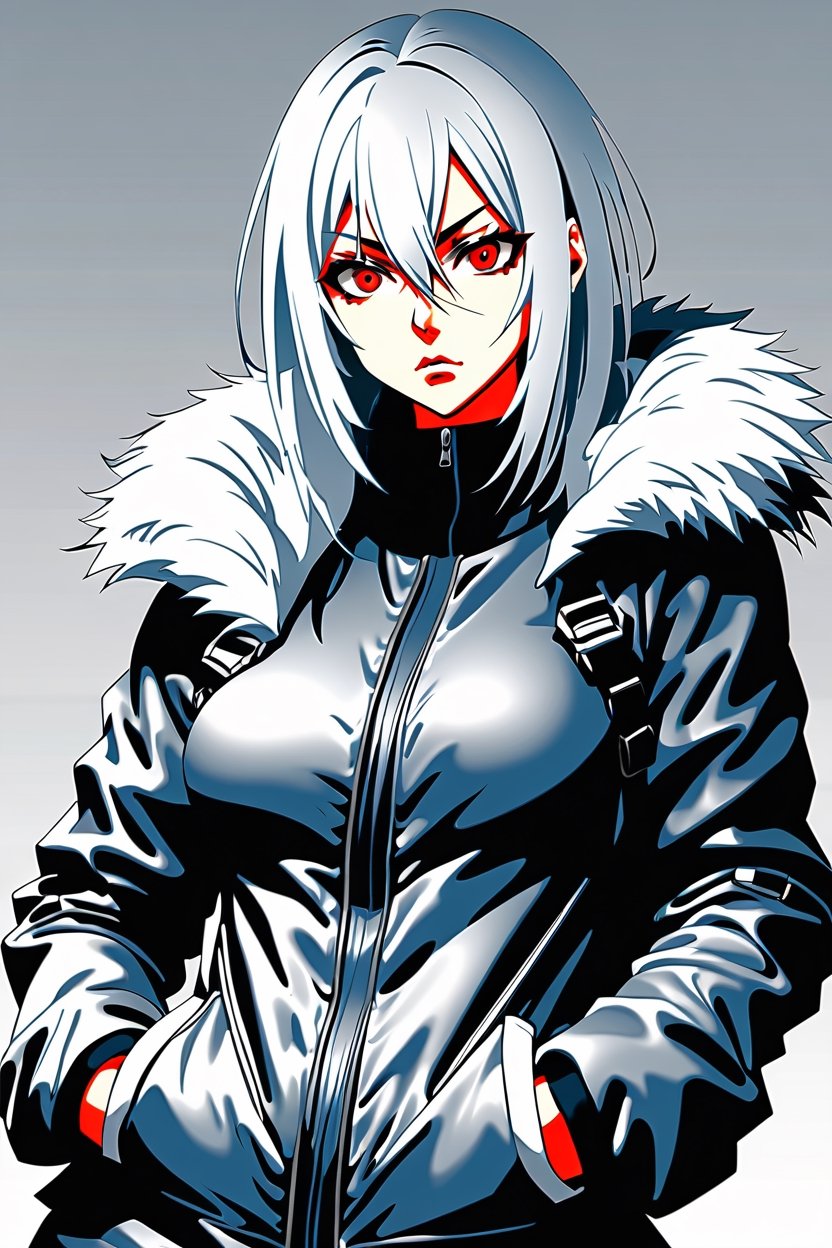 1girl, woman, anime, angry, (makeup:1.3),(winter jacket:1), bombshell hair, silver hair, toned body, athletic build, narrow waist, wide hips, medium breasts, chinese