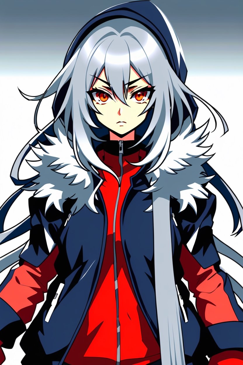 1girl, woman, anime, angry, (makeup:1.3),(winter jacket:1), bombshell hair, silver hair, toned body, athletic build, narrow waist, wide hips, medium breasts, chinese