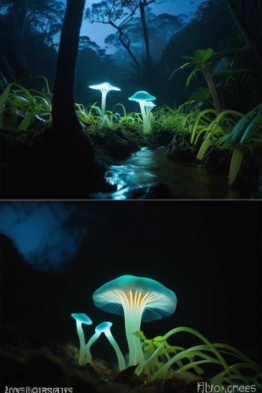 Mushrooms, Filoboletus manipularis, bioluminescent, luminescence, faint glow, Kauai, stream, glow producing a soft, greenish light, darkness, moonlight, humidity, hyper_realistic photo, 8k, uhd, 