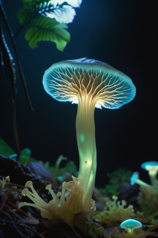 Mushrooms, Filoboletus manipularis, super detailed, realistic, bioluminescent, luminescence, faint glow, Kauai, stream, glow producing a soft, greenish light, darkness, moonlight, humidity, hyper_realistic photo, 8k, uhd, 