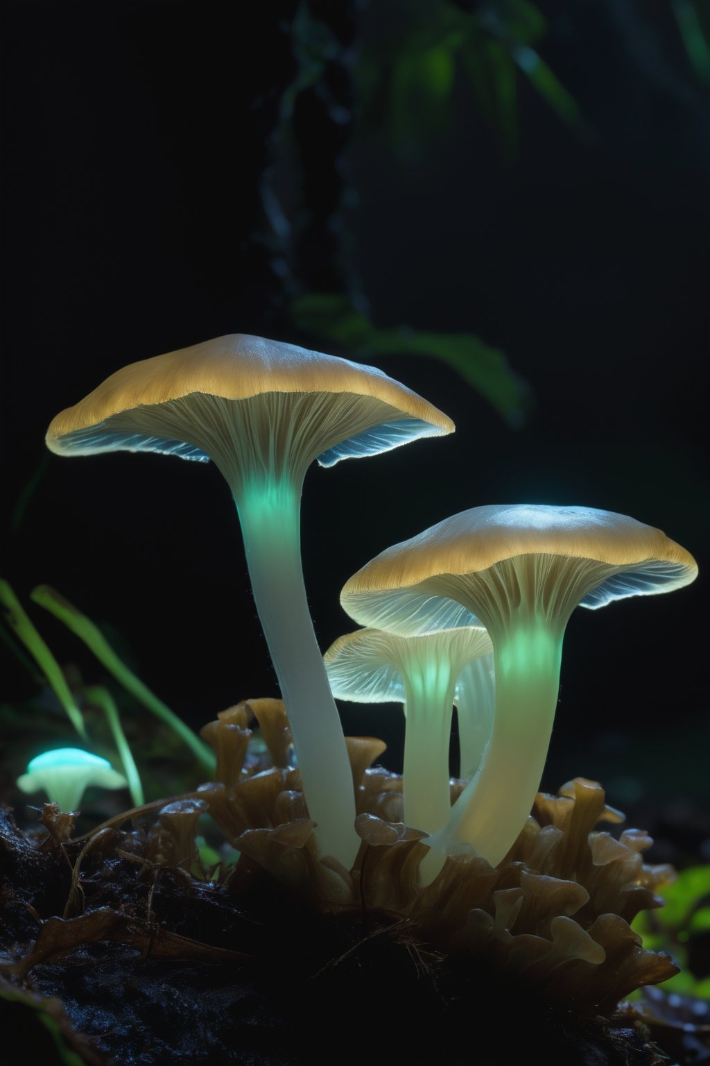 Mushrooms, Filoboletus manipularis, super detailed, realistic, bioluminescent, luminescence, faint glow, Kauai, stream, glow producing a soft, greenish light, darkness, moonlight, natural, humidity, close up shot, hyper_realistic photo, 8k, uhd, ,IncrsXLRanni