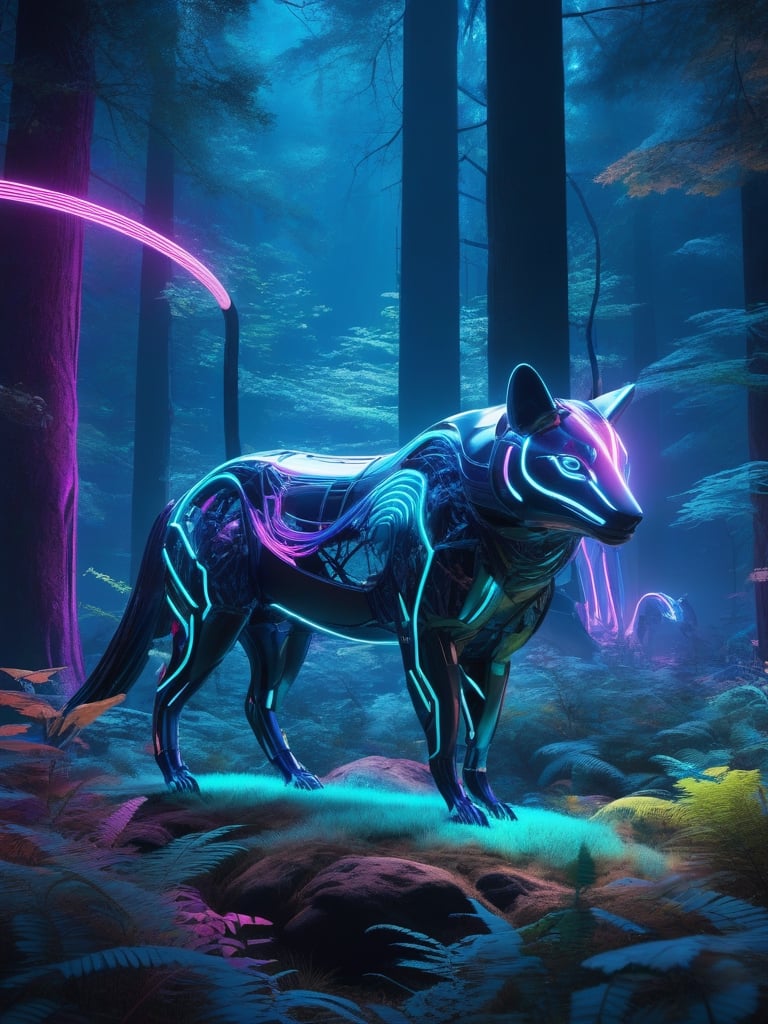 Generate a tensor art piece that combines elements of nature and technology. Show a serene forest scene with futuristic, neon-colored animals seamlessly integrated into the environment. The art should evoke a sense of harmony between the organic and the artificial. Use a color palette dominated by deep blues and vibrant neon shades. 8k, UHD, realistic 