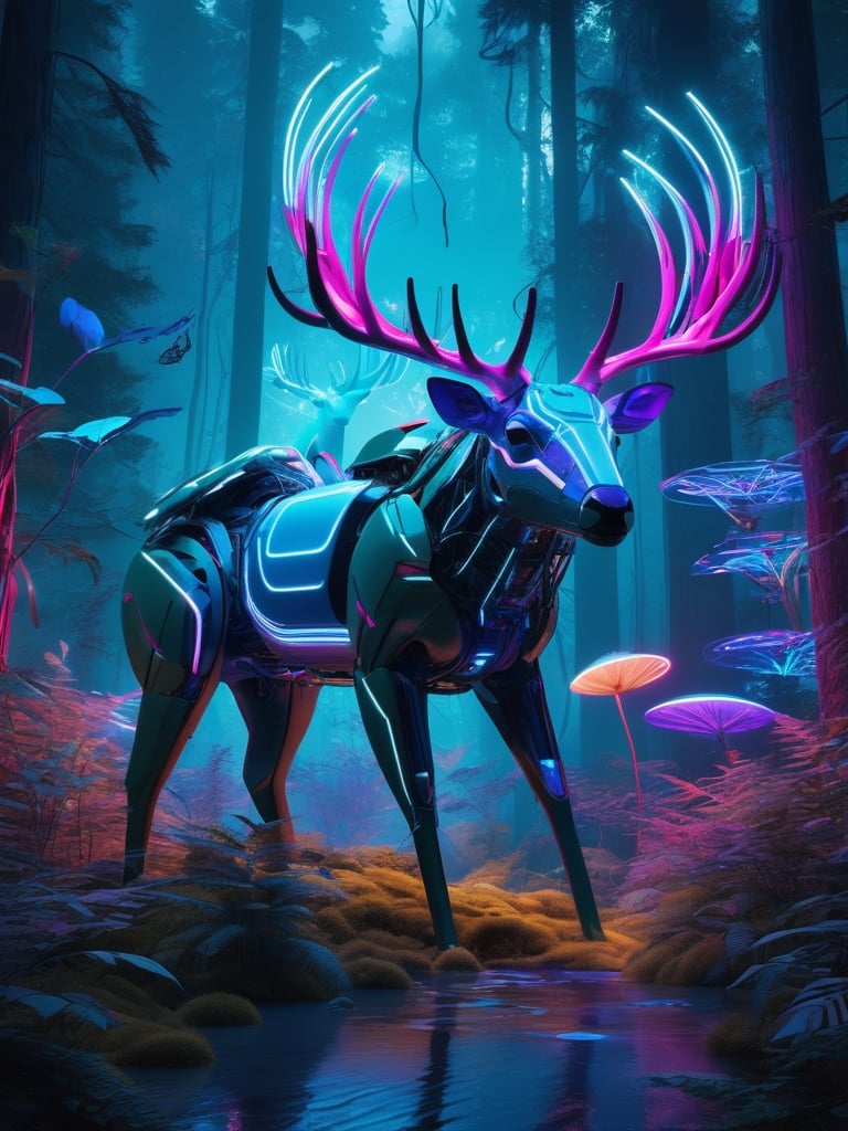 Generate a tensor art piece that combines elements of nature and technology. Show a serene forest scene with futuristic, neon-colored animals seamlessly integrated into the environment. The art should evoke a sense of harmony between the organic and the artificial. Use a color palette dominated by deep blues and vibrant neon shades. 8k, UHD, realistic 