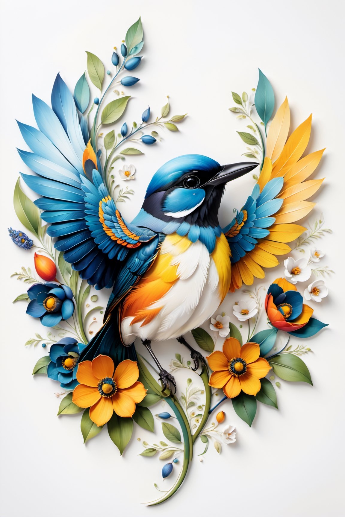 Draw a picture of an eye-catching bird and blend it with the perfect balance between art and nature, combining elements such as flowers, leaves, and other natural motifs to create unique and intricate designs with symmetry, perfect_symmetry, Leonardo style, ghost style, line_art, 3D style, white background