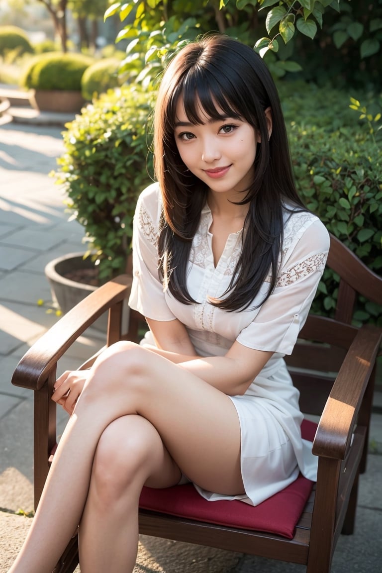 1lady, solo, with long straight hair, asymmetrical bangs, pretty face, smiling, long legs in simple villagers cloth while sitting on comfort chair, crossing legs at village garden during sunrise. bird view.
