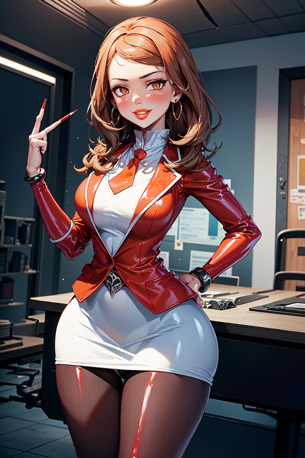 (1girl), (serena), (adult), medium breasts, (medium hips), (curvy), (red hair), (makeup) (orange lips:1.2), (long_hair), solo, blush, bracelet, (long nails), (red nail polish), (eyeshadow), (eyeliner), (sunglasses), (orange pearl earrings), (team flare necklace), (red collared shirt), (necktie), (white jacket), (white blazer:1.5), (white suit:1.5), (white pencil skirt:1.5), (belt), (team flare belt buckle:1.2) (beautiful_hands), (perfect_hands), (red latex pantyhose:1.4), (standing), (evil smile), (sultry eyes:1.3), (hands_on_hips), (facing_viewer), (empty eyes), (dull pupils), (brainwash), (trance:1.2), (mind_control:1.2), (night), (Team Flare), (team flare office:1.4), (regal room:1.5),  (interior), (orange room), (depth of field, best quality, masterpiece, intricate details, high res, official art, more detail, masterpiece, best quality, highres, More Detail, b1mb0