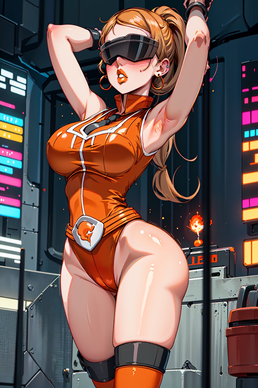 (1girl), serena, (adult), medium breasts, (medium hips), (curvy), blonde_hair, (makeup), (head-mounted_display), (orange lips:1.4), (long_hair), (long_ponytail:1.2), forehead, solo, blush, bracelet, (black shirt:1.3), (metal collar), (team flare earrings), (sleeveless), (team flare leotard), (belt), (team flare belt buckle) (beautiful_hands), (perfect_hands), (arm cuffs), (leg cuffs), (black thighhighs), standing), (tired:1.2), (ams_raised_above_head), (arms_restrained:1.3), (legs_restrained:1.3), (restrained by machine:1.2), (machine), (stationary restraints), (sex machine), (restrained), (bondage), (facing_viewer),  (brainwash), (trance), (mind_control:1.2), (night), cyberpunk, (Team Flare), (team flare Lab:1.4),  (interior), (machinery)  (orange room), (depth of field, best quality, masterpiece, intricate details, high res, official art, more detail, masterpiece, best quality, highres, More Detail, 