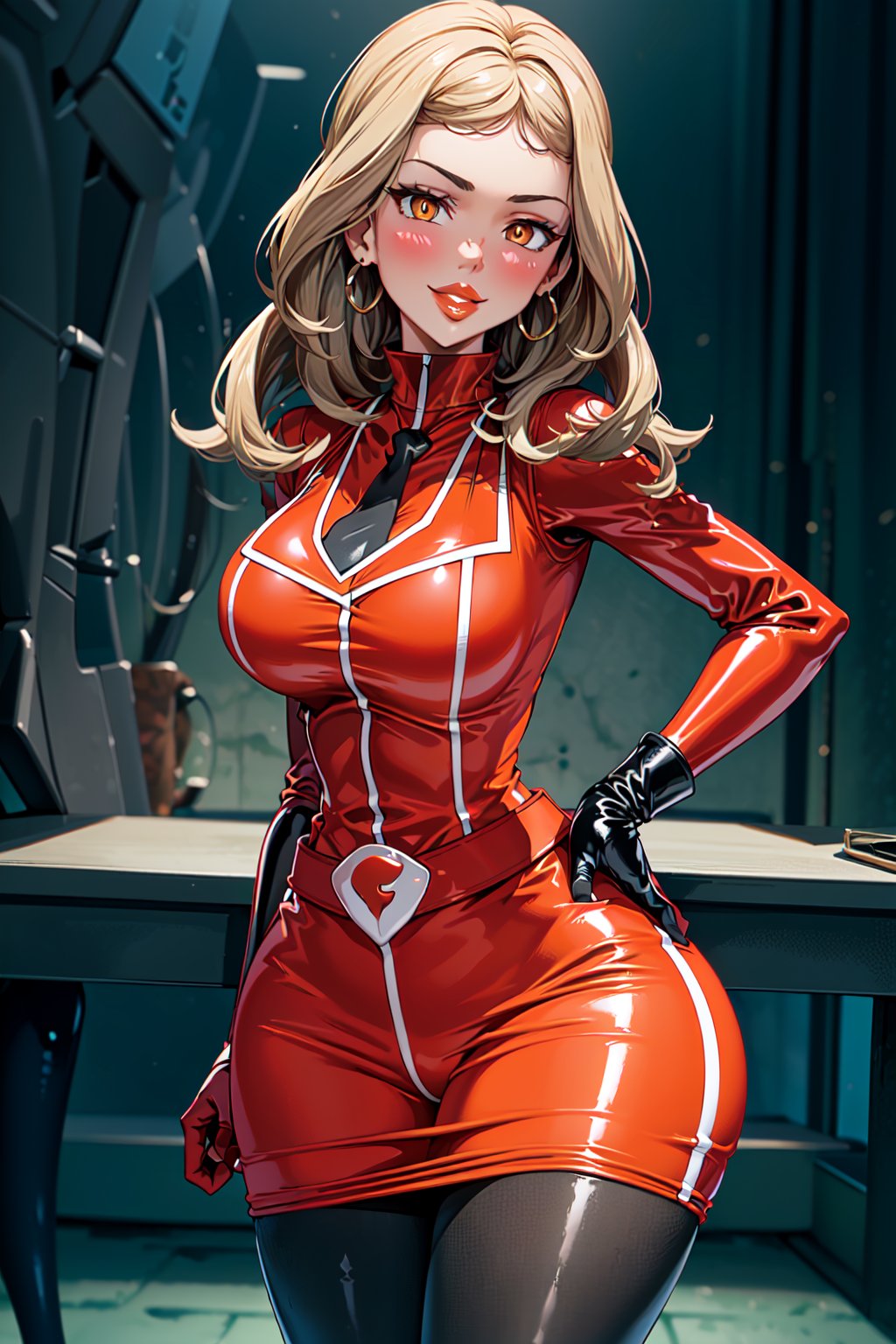 (1girl), (serena), (adult), medium breasts, (medium hips), (curvy), blonde_hair, (makeup) (orange lips:1.2), (long_hair), solo, blush, bracelet, gloves, (metal choker), (team flare earrings), (team flare necklace), (sleeveless), (turtleneck), (red clothing:1.5), (red leotard), (necktie), (white jacket), (white blazer:1.5), (white suit jacket:1.5), (white pencil skirt:1.5), (belt), (team flare belt buckle) (beautiful_hands), (perfect_hands),  (black latex pantyhose:1.4), (standing), (evil smile), (sultry eyes:1.3), (sultry pose:1.3), (facing_viewer), (empty eyes), (dull pupils), (brainwash), (trance:1.2), (mind_control:1.2), (night), cyberpunk, (Team Flare), (team flare office:1.4), (regal room:1.5),  (interior), (machinery)  (orange room), (depth of field, best quality, masterpiece, intricate details, high res, official art, more detail, masterpiece, best quality, highres, More Detail, b1mb0