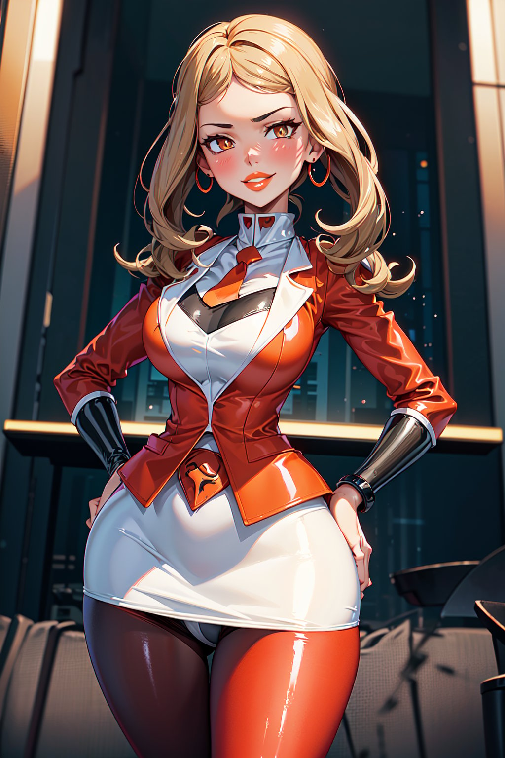 (1girl), (serena), (adult), medium breasts, (medium hips), (curvy), blonde_hair, (makeup) (orange lips:1.2), (long_hair), solo, blush, bracelet, (long nails), (red nail polish), (eyeshadow), (eyeliner), (sunglasses),(orange pearl earrings), (team flare necklace), (red collared shirt), (necktie), (white jacket), (white blazer:1.5), (white suit:1.5), (white pencil skirt:1.5), (belt), (team flare belt buckle:1.2) (beautiful_hands), (perfect_hands), (red latex pantyhose:1.4), (standing), (evil smile), (sultry eyes:1.3), (hands_on_hips), (facing_viewer), (empty eyes), (dull pupils), (brainwash), (trance:1.2), (mind_control:1.2), (night), (Team Flare), (team flare office:1.4), (regal room:1.5),  (interior), (orange room), (depth of field, best quality, masterpiece, intricate details, high res, official art, more detail, masterpiece, best quality, highres, More Detail, b1mb0