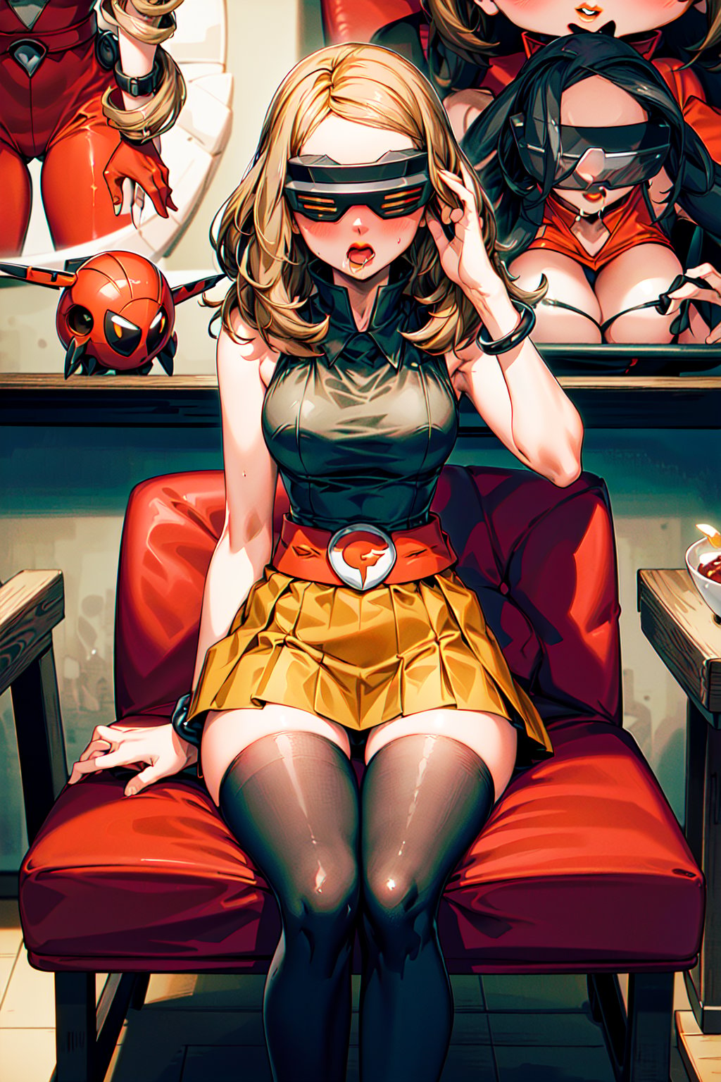 (1girl), serena, (adult), medium breasts, blonde_hair, (head-mounted display:1.2),  (makeup), (orange lips:1.4), (long_hair), forehead, solo, blush, bracelet, (black shirt:1.3), collared shirt, (sleeveless), skirt, (high-waist skirt), pleated skirt, (belt), (team flare belt buckle) (beautiful_hands), (perfect_hands), (black thighhighs), sitting, (sitting_in_chair),  (slouching), (open_mouth), (drooling:1.3 (facing_viewer), (facing_forward), (brainwash), (trance), (mind_control:1.2), (passing_out), BREAK  (night), (Team Flare:1.4), (team flare office), (recruitment poster), (orange room), armchair, (potted plant), (depth of field, best quality, masterpiece, intricate details, high res, official art, more detail, masterpiece, best quality, highres, More Detail, 