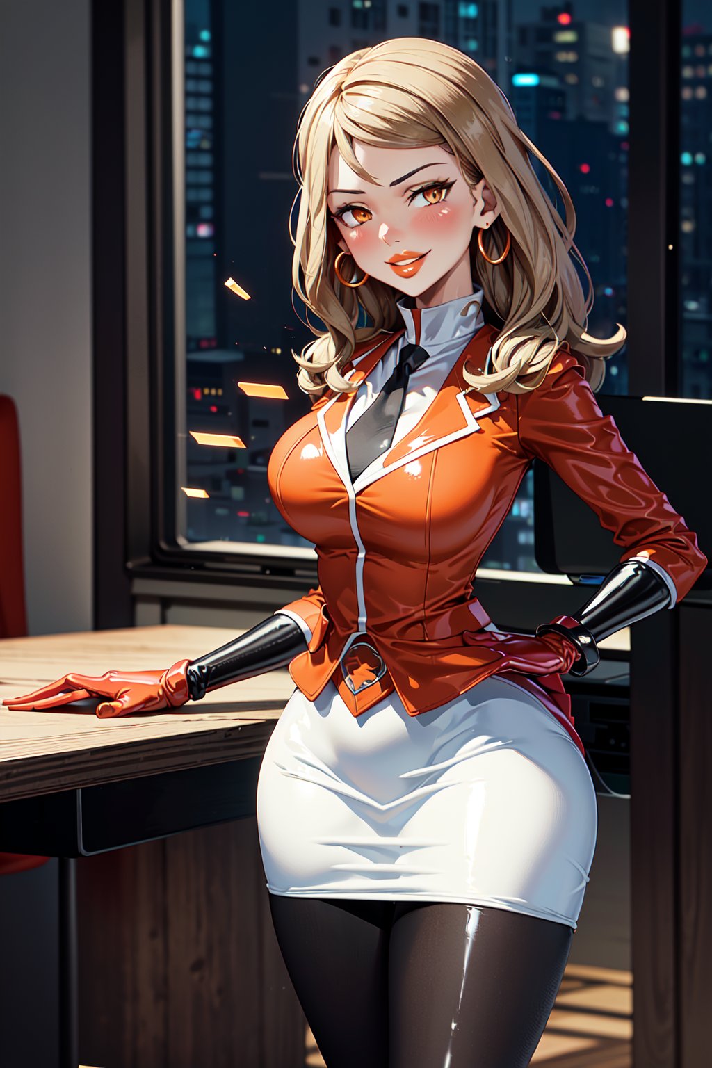 (1girl), (serena), (adult), medium breasts, (medium hips), (curvy), blonde_hair, (makeup) (orange lips:1.2), (long_hair), solo, blush, bracelet, gloves, (sunglasses),(orange pearl earrings), (team flare necklace), (red collared shirt), (necktie), (white jacket), (white blazer:1.5), (white suit:1.5), (white pencil skirt:1.5), (belt), (team flare belt buckle) (beautiful_hands), (perfect_hands),  (black latex pantyhose:1.4), (standing), (evil smile), (sultry eyes:1.3), (sultry pose:1.3), (facing_viewer), (empty eyes), (dull pupils), (brainwash), (trance:1.2), (mind_control:1.2), (night), (Team Flare), (team flare office:1.4), (regal room:1.5),  (interior), (orange room), (depth of field, best quality, masterpiece, intricate details, high res, official art, more detail, masterpiece, best quality, highres, More Detail, b1mb0