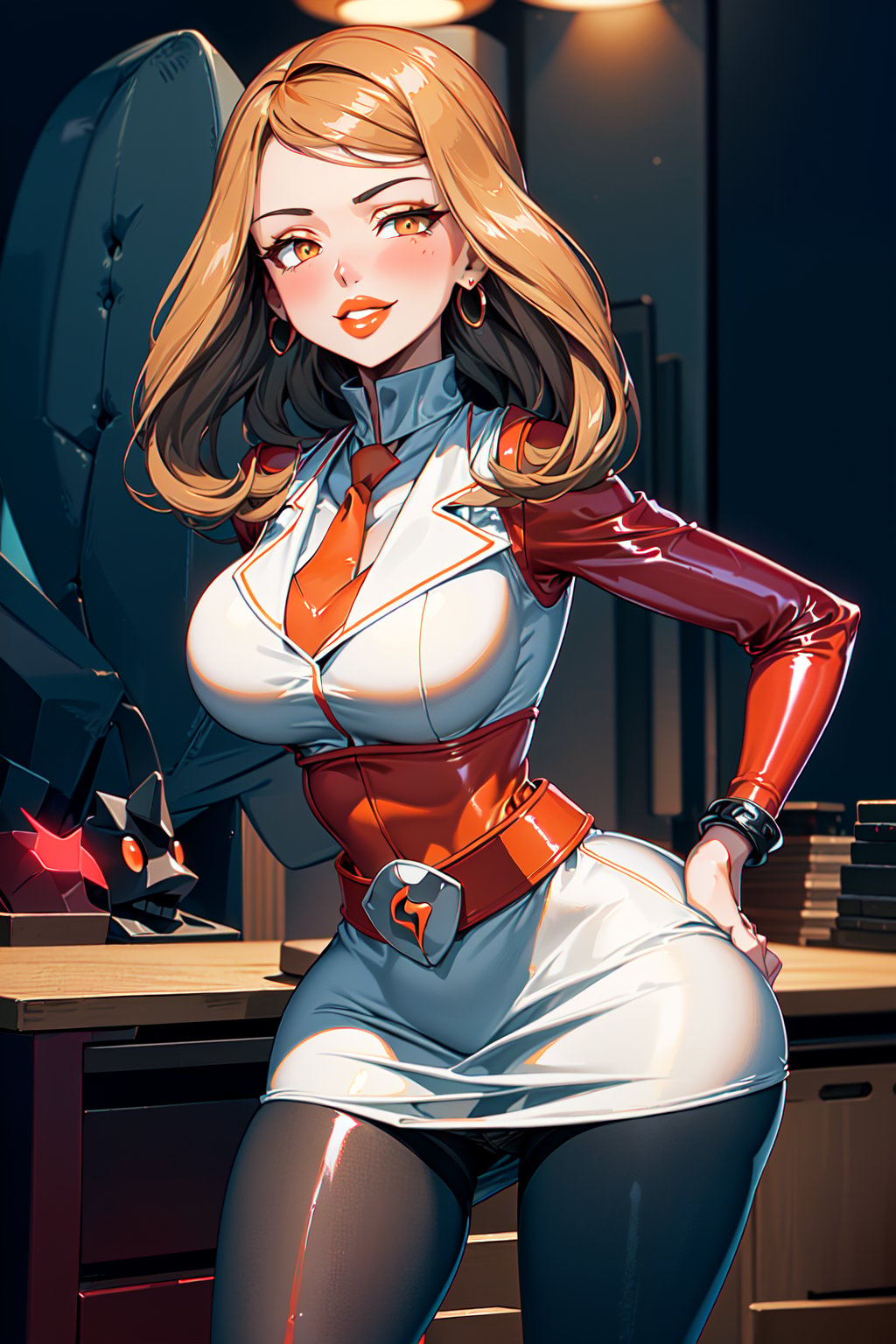 (1girl), (serena), (adult), medium breasts, (medium hips), (curvy), (red hair), (makeup) (orange lips:1.2), (long_hair), solo, blush, bracelet, (long nails), (red nail polish), (eyeshadow), (eyeliner), (sunglasses), (orange pearl earrings), (team flare necklace), (red collared shirt), (necktie), (white jacket), (white blazer:1.5), (white suit:1.5), (white pencil skirt:1.5), (belt), (team flare belt buckle:1.2) (beautiful_hands), (perfect_hands), (red latex pantyhose:1.4), (standing), (evil smile), (sultry eyes:1.3), (hands_on_hips), (facing_viewer), (empty eyes), (dull pupils), (brainwash), (trance:1.2), (mind_control:1.2), (night), (Team Flare), (team flare office:1.4), (regal room:1.5),  (interior), (orange room), (depth of field, best quality, masterpiece, intricate details, high res, official art, more detail, masterpiece, best quality, highres, More Detail, b1mb0