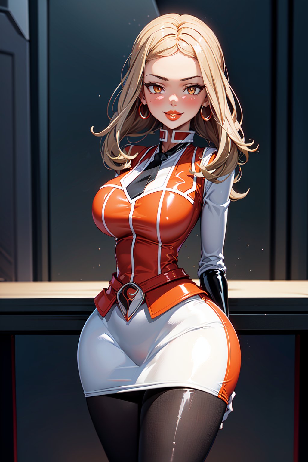 (1girl), (serena), (adult), medium breasts, (medium hips), (curvy), blonde_hair, (makeup) (orange lips:1.2), (long_hair), solo, blush, bracelet, gloves, (metal choker), (team flare earrings), (team flare necklace), (sleeveless), (red collared shirt), (necktie), (white jacket), (white blazer:1.5), (white suit:1.5), (white pencil skirt:1.5), (belt), (team flare belt buckle) (beautiful_hands), (perfect_hands),  (black latex pantyhose:1.4), (standing), (evil smile), (sultry eyes:1.3), (sultry pose:1.3), (facing_viewer), (empty eyes), (dull pupils), (brainwash), (trance:1.2), (mind_control:1.2), (night), cyberpunk, (Team Flare), (team flare office:1.4), (regal room:1.5),  (interior), (machinery)  (orange room), (depth of field, best quality, masterpiece, intricate details, high res, official art, more detail, masterpiece, best quality, highres, More Detail, b1mb0