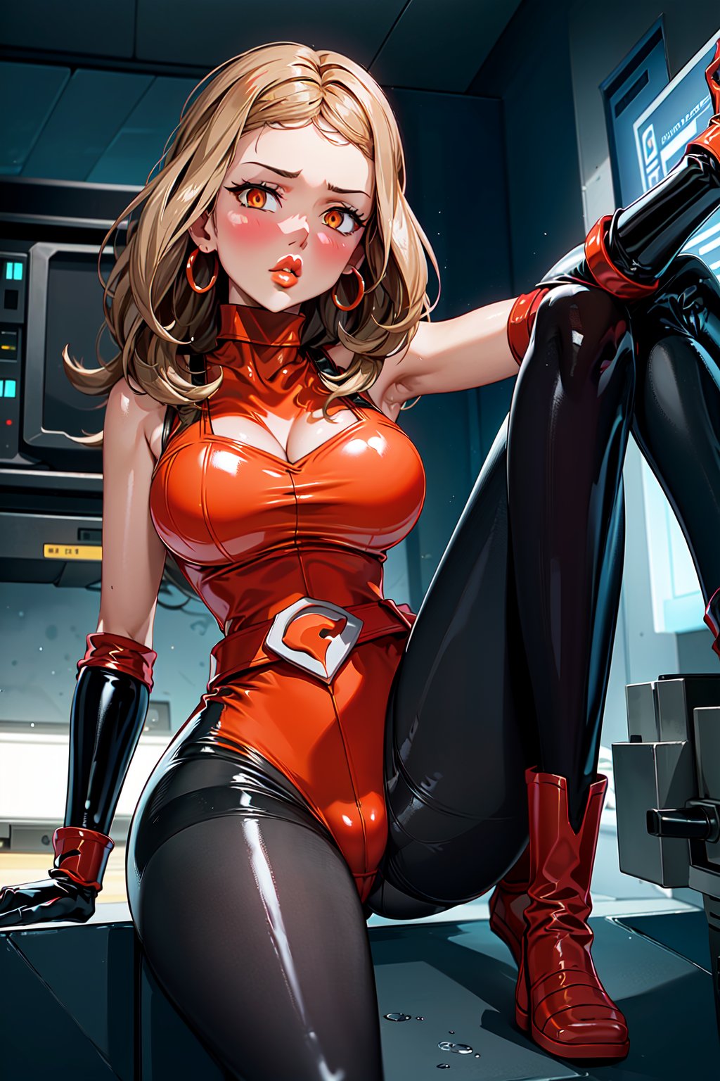 (1girl), (serena), (adult), medium breasts, (medium hips), (curvy), blonde_hair, (makeup)  (orange lips:1.2), (long_hair), solo, blush, bracelet, gloves, (metal choker), (team flare earrings), (team flare necklace), (sleeveless), (turtleneck), (red clothing:1.5), (red leotard), (belt), (team flare belt buckle) (beautiful_hands), (perfect_hands), (arm cuffs), (leg cuffs), (black latex pantyhose:1.4), (standing), (tired:1.2), (slouching), stationary restraints), (bondage), (facing_viewer), (empty eyes), (dull pupils), (brainwash), (trance:1.2), (mind_control:1.2), (night), cyberpunk, (Team Flare), (team flare Lab:1.4),  (interior), (machinery)  (orange room), (depth of field, best quality, masterpiece, intricate details, high res, official art, more detail, masterpiece, best quality, highres, More Detail, b1mb0