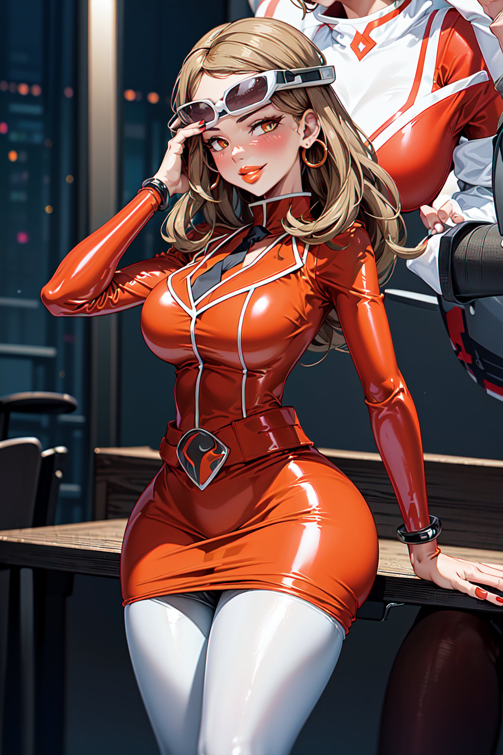 (1girl), (serena), (adult), medium breasts, (medium hips), (curvy), blonde_hair, (makeup) (orange lips:1.2), (long_hair), solo, blush, bracelet, (long nails), (red nail polish), (eyeshadow), (eyeliner), (sunglasses),(orange pearl earrings), (team flare necklace), (red collared shirt), (necktie), (white jacket), (white blazer:1.5), (white suit:1.5), (white pencil skirt:1.5), (belt), (team flare belt buckle:1.2) (beautiful_hands), (perfect_hands), (red latex pantyhose:1.4), (standing), (evil smile), (sultry eyes:1.3), (sultry pose:1.3), (facing_viewer), (empty eyes), (dull pupils), (brainwash), (trance:1.2), (mind_control:1.2), (night), (Team Flare), (team flare office:1.4), (regal room:1.5),  (interior), (orange room), (depth of field, best quality, masterpiece, intricate details, high res, official art, more detail, masterpiece, best quality, highres, More Detail, b1mb0