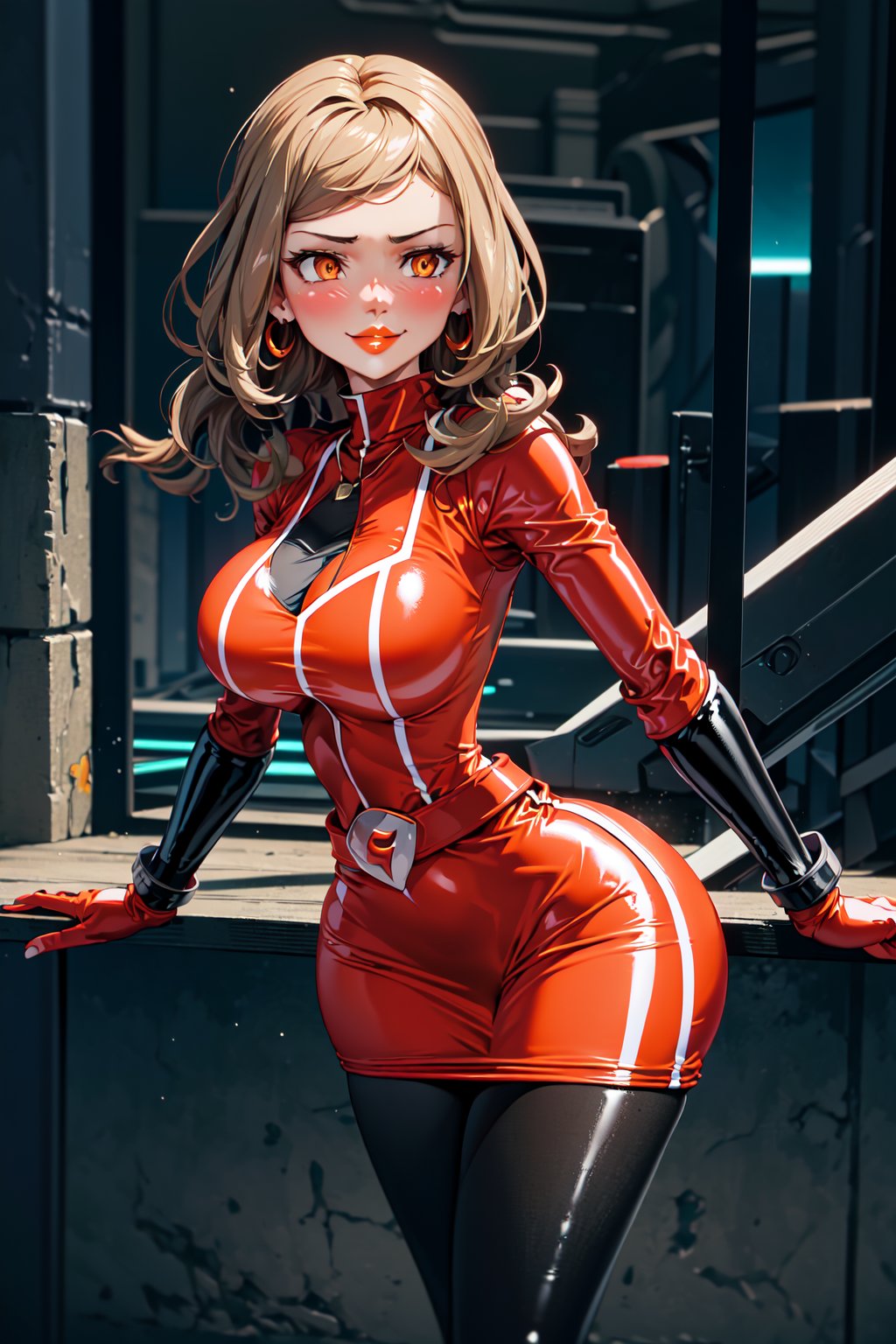 (1girl), (serena), (adult), medium breasts, (medium hips), (curvy), blonde_hair, (makeup) (orange lips:1.2), (long_hair), solo, blush, bracelet, gloves, (metal choker), (team flare earrings), (team flare necklace), (sleeveless), (turtleneck), (red clothing:1.5), (red leotard), (white blazer:1.5), (white suit jacket), (white pencil skirt:1.5), (belt), (team flare belt buckle) (beautiful_hands), (perfect_hands), (arm cuffs), (leg cuffs), (black latex pantyhose:1.4), (standing), (tired:1.2), (evil smile), (sultry eyes:1.3), stationary restraints), (bondage), (facing_viewer), (empty eyes), (dull pupils), (brainwash), (trance:1.2), (mind_control:1.2), (night), cyberpunk, (Team Flare), (team flare Lab:1.4),  (interior), (machinery)  (orange room), (depth of field, best quality, masterpiece, intricate details, high res, official art, more detail, masterpiece, best quality, highres, More Detail, b1mb0