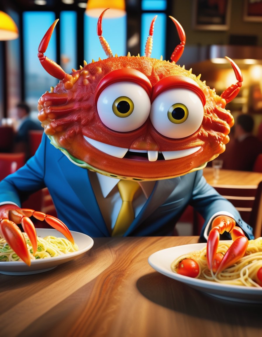 ((detailed)), ((masterpiece)), ((best quality)), ((Unparalleled)), ((Stunning)), Immersive, hyper realistic,
Photo realistic  Mr. Crab from SpongeBob movie, humonoid, fat body, hands and fingger from Crab, sitting at cafe eating spagetti, wearing expensive suit,  big eyes to viewer,
 Digital artwork, Dramatic lighting, Dynamic light, illumination, Theatrical lighting, 50mm, Natural field of view, Nifty fifty,Landskaper