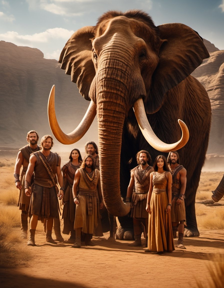 ((detailed)), ((masterpiece)), ((best quality)), ((Unparalleled)), ((Stunning)), Immersive, hyper realistic,
Photo realistic, cinematic still, a group selfie photo of prehistoric people with background a couple of mammoth, Dramatic lighting, Dynamic light, illumination, Theatrical lighting, Natural field of view, Nifty fifty,Landskaper,Movie Still