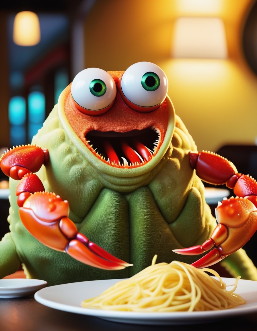 ((detailed)), ((masterpiece)), ((best quality)), ((Unparalleled)), ((Stunning)), Immersive, hyper realistic,
Photo realistic  Mr. Crab from SpongeBob movie, humonoid, fat body, hands and fingger from Crab, sitting at cafe eating spagetti, wearing expensive suit sleeeveless,  big eyes to viewer,
 Digital artwork, Dramatic lighting, Dynamic light, illumination, Theatrical lighting, 50mm, Natural field of view, Nifty fifty,Landskaper