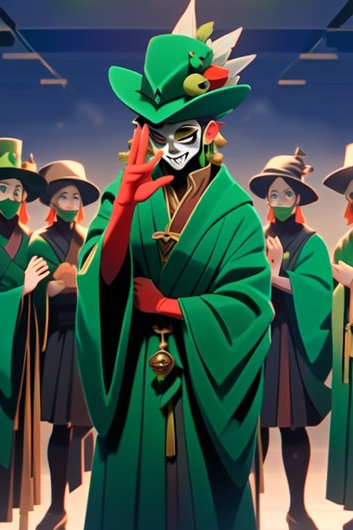 style of Seven Daluz,shkaristyle,Scene 1: The Green Jester, clad in his signature emerald green robes, stands before a group of villagers.Scene 1: The Green Jester, clad in his signature emerald green robes, stands before a group of villagers.,Jester cap and bells,the green gesture wears a gesture hat with no dangling way down low,tips of his gesture hat are threefold with long long tassels,the green clown wears a white mask with a smile on one side and a frown on the other side,sexy female harlequins all dancing behind him with varying strange white masks smiles and frowns