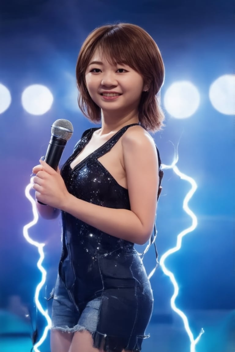 A glamorous K-pop star stands center stage, exuding elegance and charm. The scene is set in a grand concert hall, with spotlights creating a dramatic effect, highlighting her flawless makeup and luxurious attire. She poses with a confident smile, holding a microphone, her posture reflecting poise and sophistication. The background is filled with vibrant, colorful lights, enhancing the atmosphere of a high-energy performance. The composition captures her star power and the electrifying ambiance of a K-pop concert.