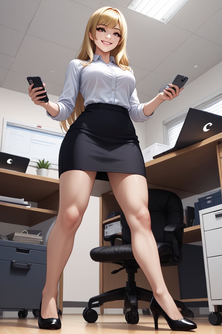 a woman, blonde long hair, bangs haircut framing her face, smiling, ((Wide shot,low perspective, full body shot)), in her office, working on laptop, taking a phone call,sexy