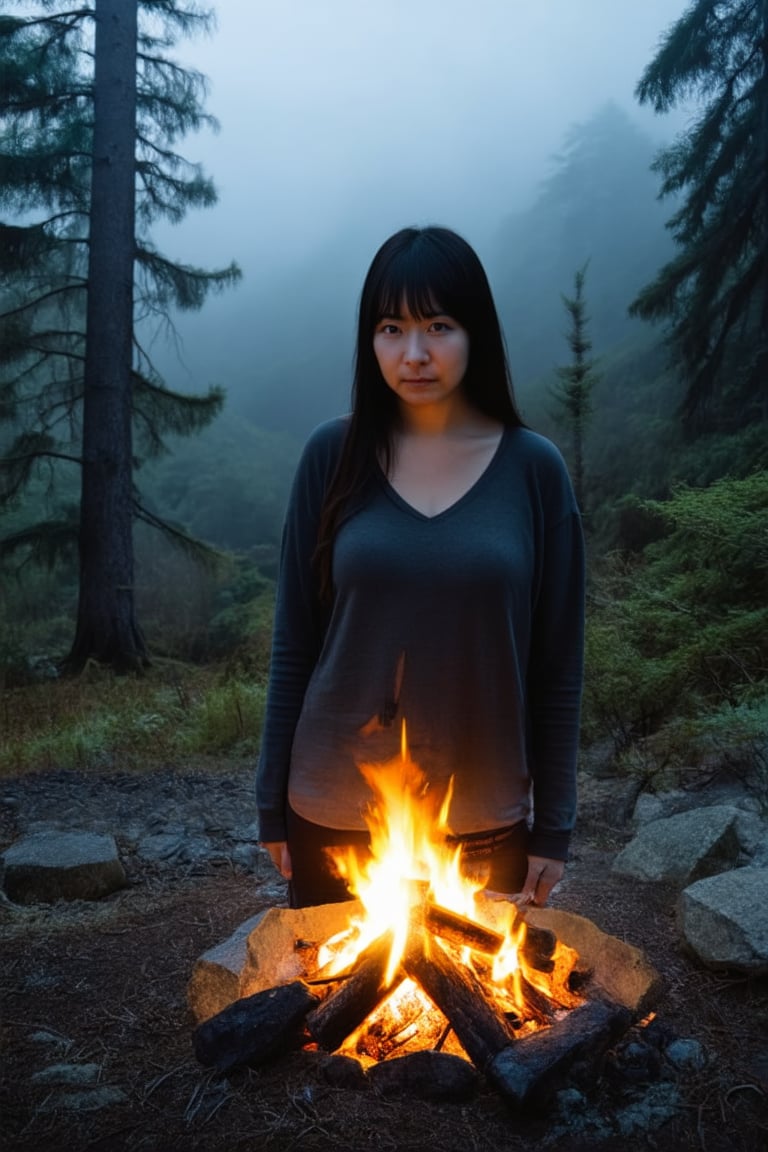 A young Japanese woman is camping in a deep mountain forest with thick fog,campfire,masterpiece,best quality,ultra detailed face,ultra detailed,4k,((blue eyes,blueeyes,blue_eyes)),skinny,(wide shot),ghost_girl,ghost,night,spooky,midnight,cleavage,dirty shirts,(boobs),tent,campfire