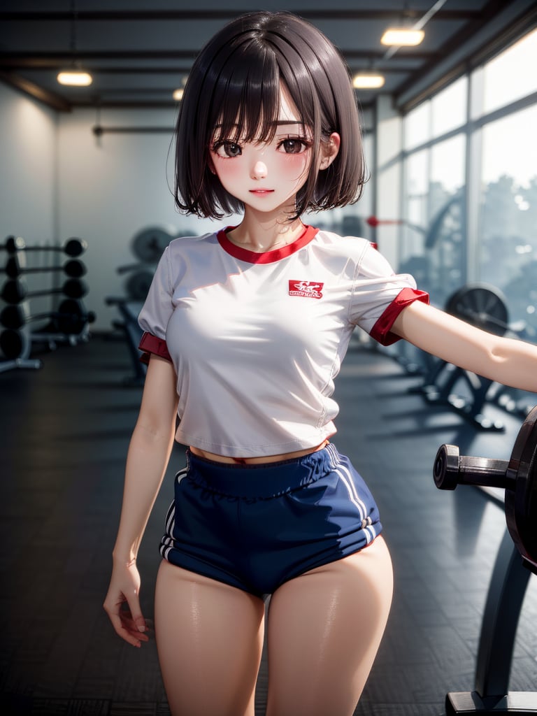 absurdres, highres, ultra detailed, (1girl:1.3),
BREAK 16 years old, japanese, black small eyes, black hair, bob cut, (gym uniform, red buruma, white shirt, short sleeves, thighs:1.3), indoors, locker room