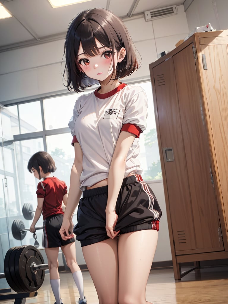 absurdres, highres, ultra detailed, (1girl:1.3), BREAK 16 years old, japanese, black small eyes, black hair, bob cut, (gym uniform, red buruma, white shirt, short sleeves, thighs:1.3), indoors, locker room, BRS0, full_body shot,