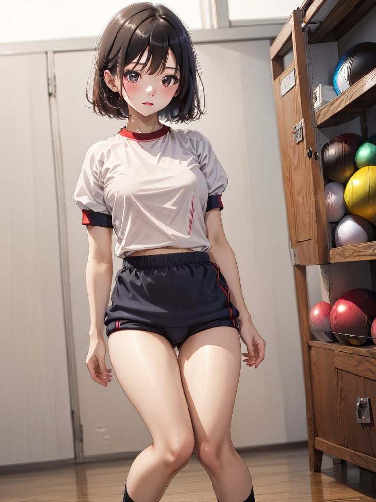 absurdres, highres, ultra detailed, (1girl:1.3), BREAK 16 years old, japanese, black small eyes, black hair, bob cut, (gym uniform, red buruma, white shirt, short sleeves, thighs:1.3), indoors, locker room, BRS0, full_body shot,